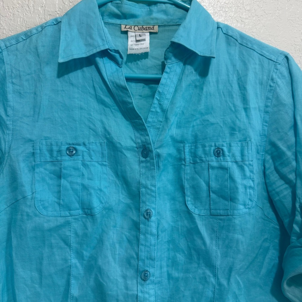 La Cubana Turquoise Linen Button Front Roll Tab Sleeve Shirt Top Women L